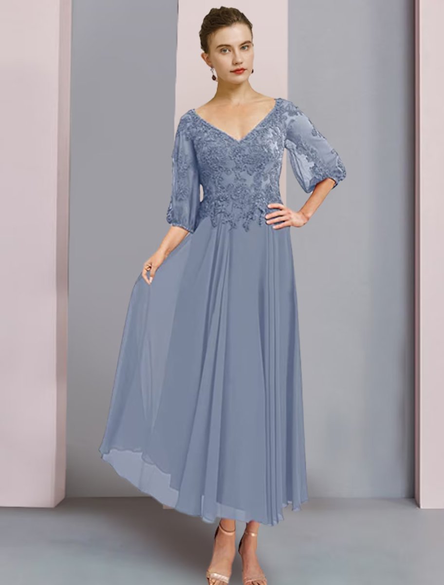 NumberSea - A - Line Mother of the Bride Dress Formal Wedding Guest Elegant V Neck Tea Length Chiffon Lace 3/4 Length Sleeve Wrap Included with Pleats Appliques