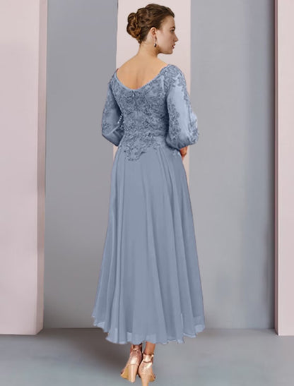 NumberSea - A - Line Mother of the Bride Dress Formal Wedding Guest Elegant V Neck Tea Length Chiffon Lace 3/4 Length Sleeve Wrap Included with Pleats Appliques