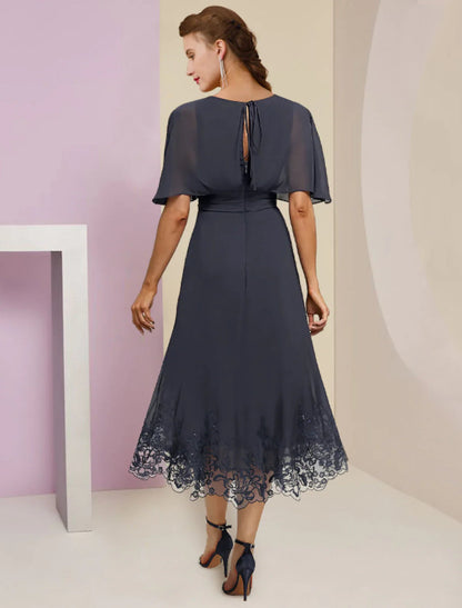 NumberSea - A - Line Mother of the Bride Dress Formal Wedding Guest Elegant V Neck Tea Length Chiffon Lace Half Sleeve with Appliques Crystal Brooch