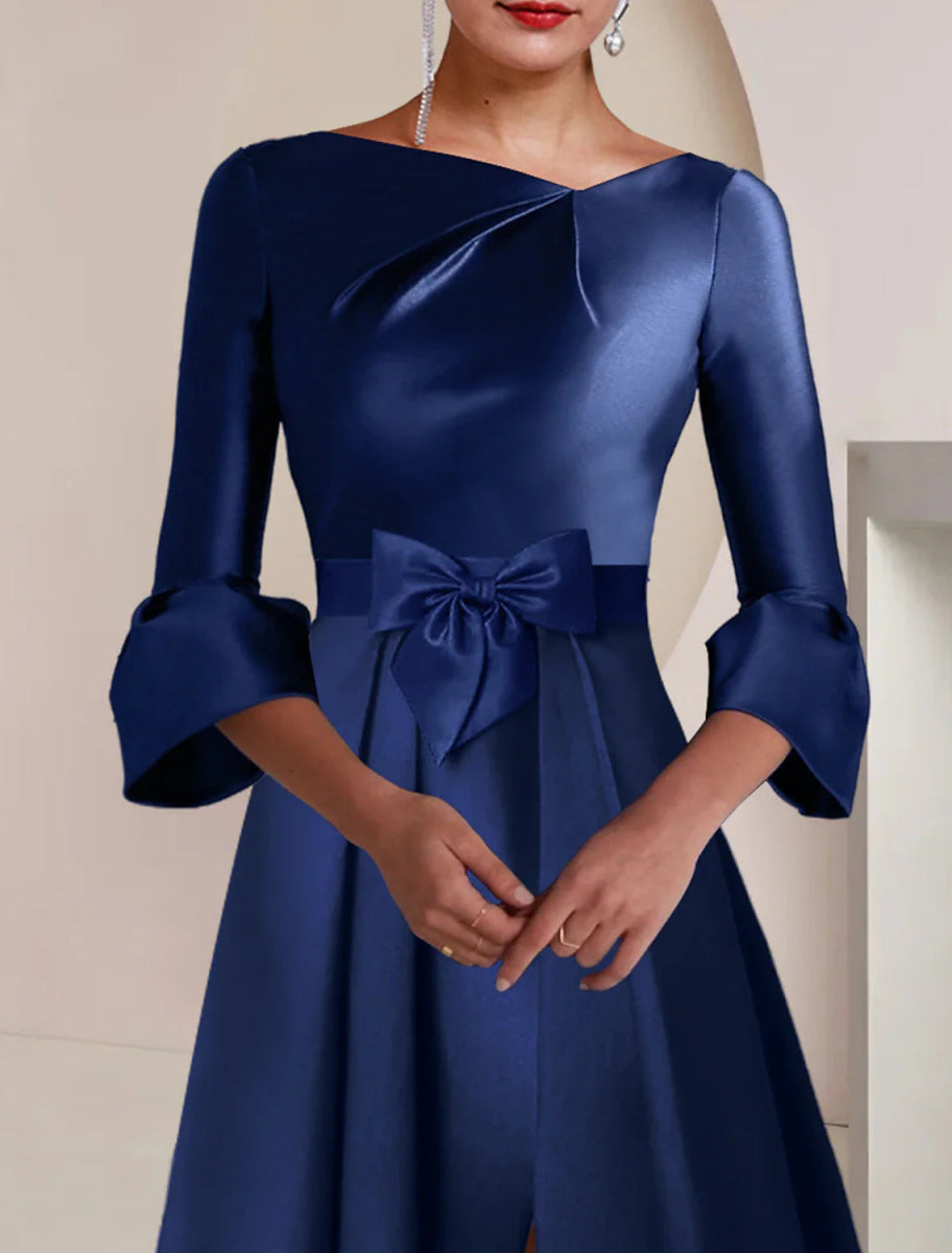 NumberSea - A - Line Mother of the Bride Dress Formal Wedding Guest Party Elegant Bateau Neck Tea Length Satin 3/4 Length Sleeve with Bow(s) Split Front