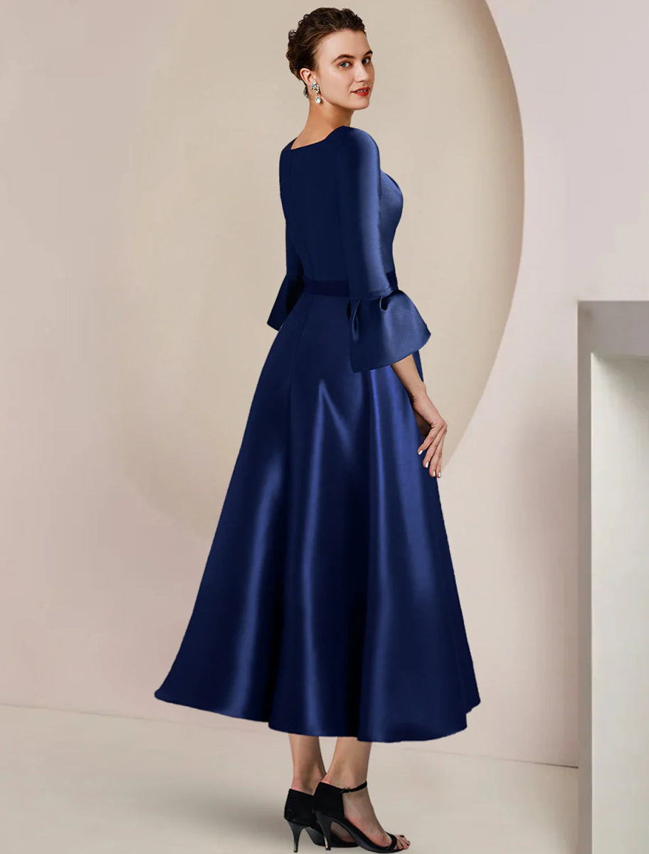 NumberSea - A - Line Mother of the Bride Dress Formal Wedding Guest Party Elegant Bateau Neck Tea Length Satin 3/4 Length Sleeve with Bow(s) Split Front