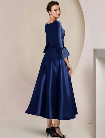 NumberSea - A - Line Mother of the Bride Dress Formal Wedding Guest Party Elegant Bateau Neck Tea Length Satin 3/4 Length Sleeve with Bow(s) Split Front