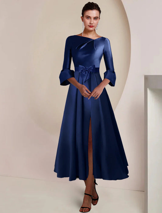 NumberSea - A - Line Mother of the Bride Dress Formal Wedding Guest Party Elegant Bateau Neck Tea Length Satin 3/4 Length Sleeve with Bow(s) Split Front