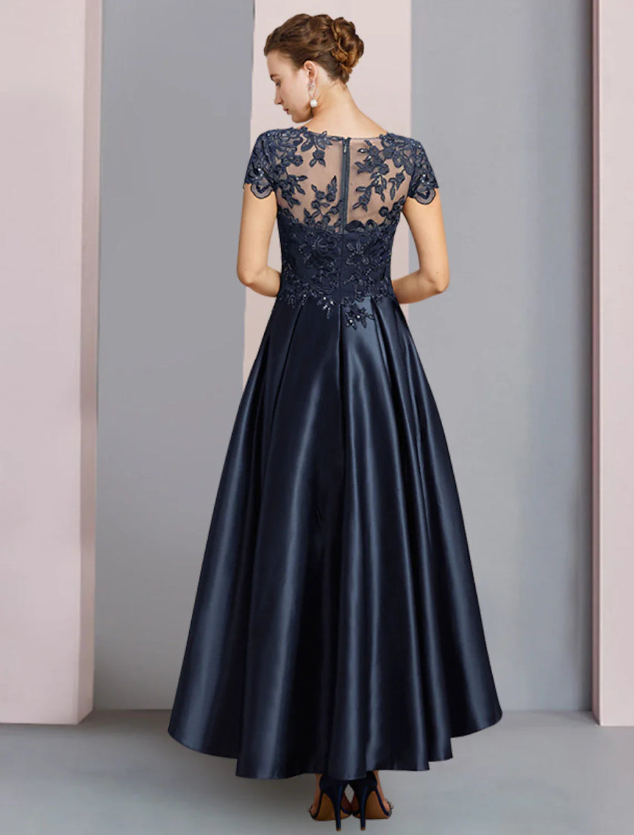 NumberSea - A - Line Mother of the Bride Dress Formal Wedding Guest Party Elegant High Low Scoop Neck Asymmetrical Tea Length Satin Lace Half Sleeve with Sequin Appliques