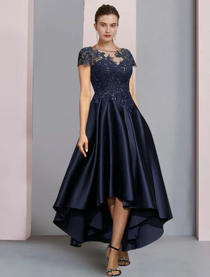 NumberSea - A - Line Mother of the Bride Dress Formal Wedding Guest Party Elegant High Low Scoop Neck Asymmetrical Tea Length Satin Lace Half Sleeve with Sequin Appliques