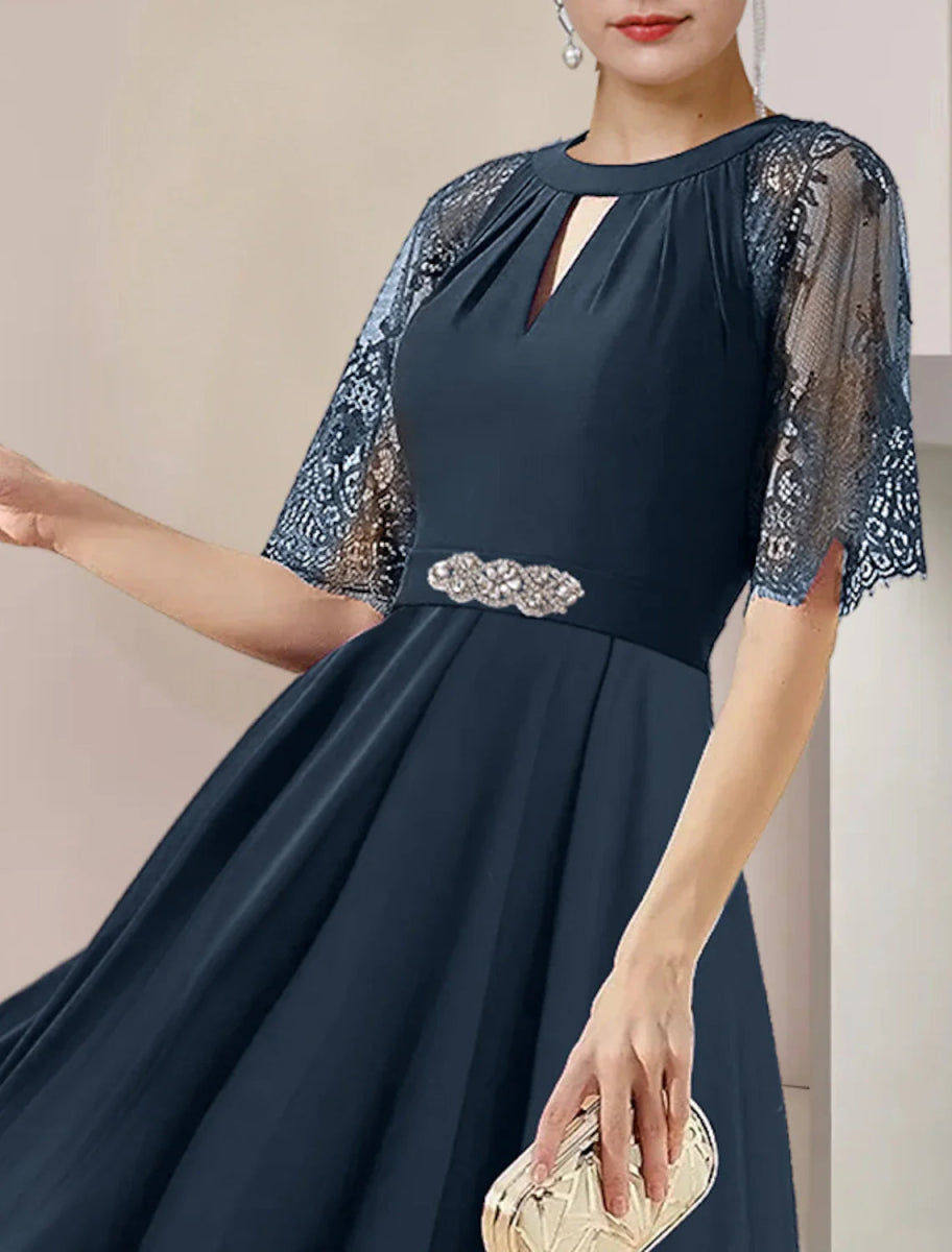 NumberSea - A - Line Mother of the Bride Dress Formal Wedding Guest Party Elegant High Low Scoop Neck Tea Length Chiffon Lace 3/4 Length Sleeve with Pleats Crystal Brooch