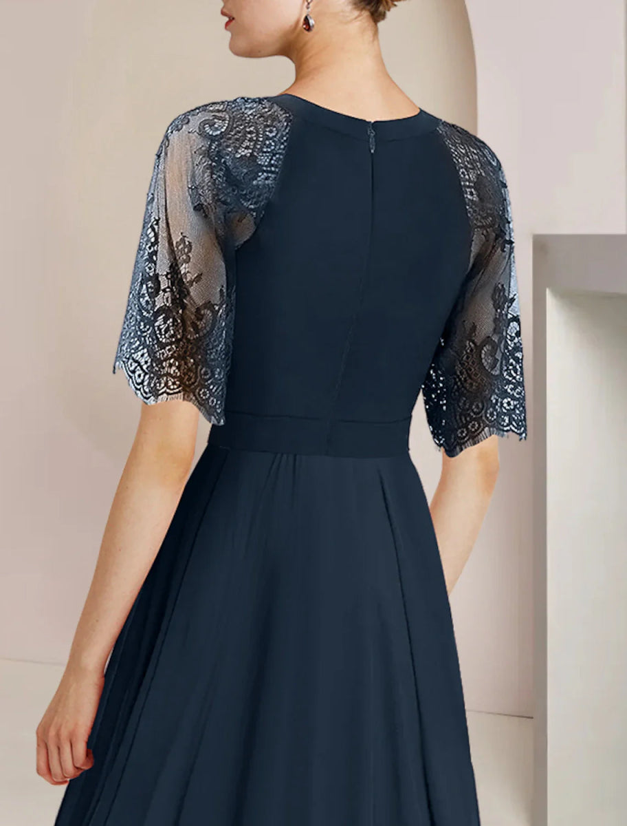 NumberSea - A - Line Mother of the Bride Dress Formal Wedding Guest Party Elegant High Low Scoop Neck Tea Length Chiffon Lace 3/4 Length Sleeve with Pleats Crystal Brooch