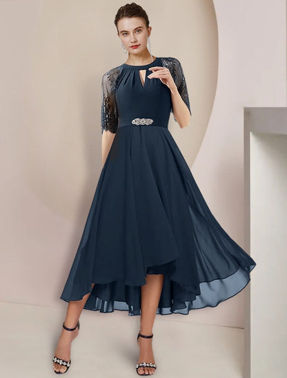 NumberSea - A - Line Mother of the Bride Dress Formal Wedding Guest Party Elegant High Low Scoop Neck Tea Length Chiffon Lace 3/4 Length Sleeve with Pleats Crystal Brooch