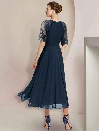 NumberSea - A - Line Mother of the Bride Dress Formal Wedding Guest Party Elegant High Low Scoop Neck Tea Length Chiffon Lace 3/4 Length Sleeve with Pleats Crystal Brooch