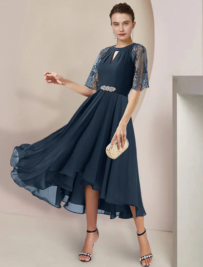 NumberSea - A - Line Mother of the Bride Dress Formal Wedding Guest Party Elegant High Low Scoop Neck Tea Length Chiffon Lace 3/4 Length Sleeve with Pleats Crystal Brooch