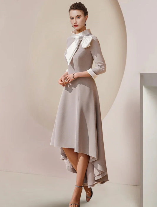 NumberSea - A - Line Mother of the Bride Dress Formal Wedding Guest Party Elegant High Neck Asymmetrical Tea Length Satin 3/4 Length Sleeve with Bow(s) Crystal Brooch