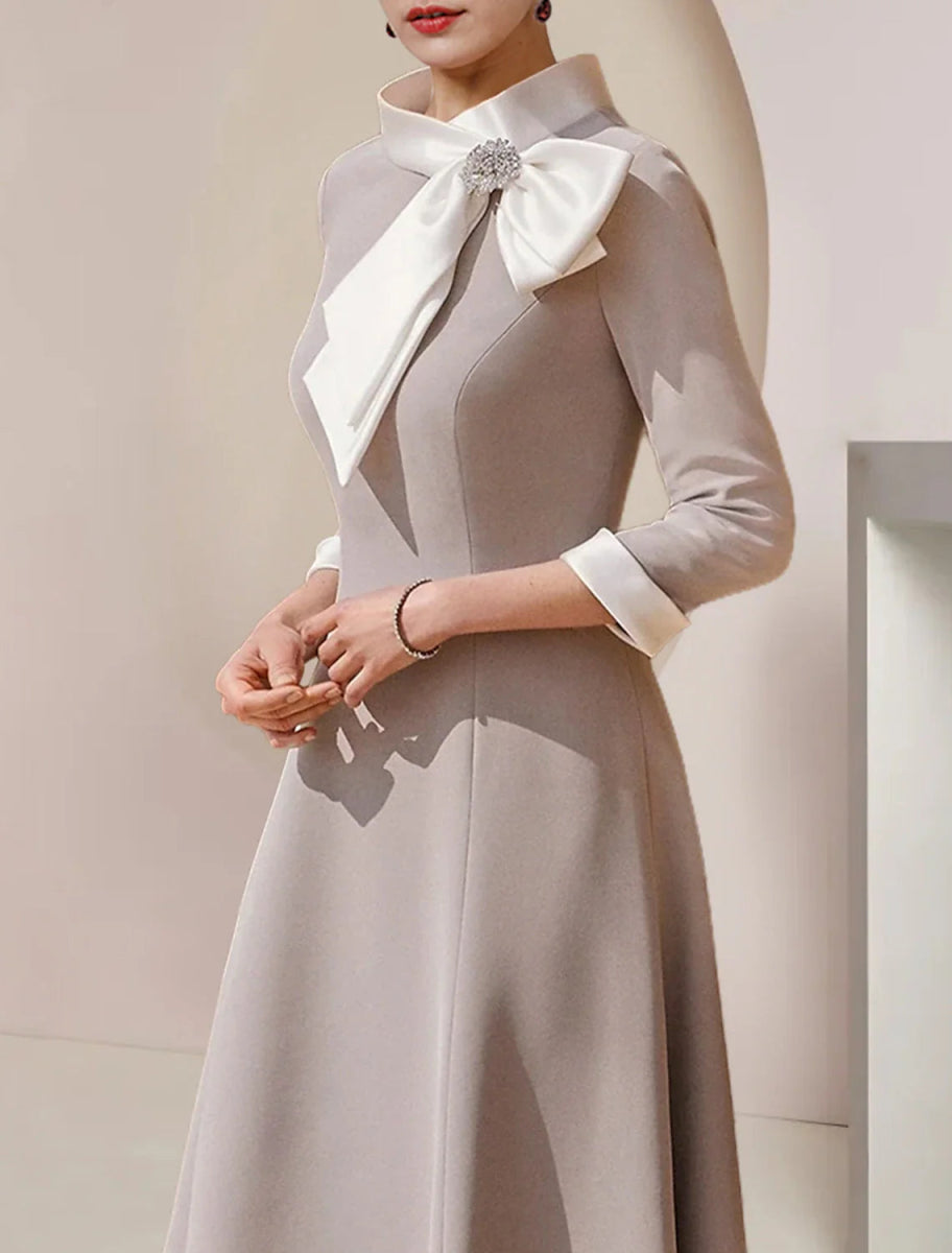 NumberSea - A - Line Mother of the Bride Dress Formal Wedding Guest Party Elegant High Neck Asymmetrical Tea Length Satin 3/4 Length Sleeve with Bow(s) Crystal Brooch