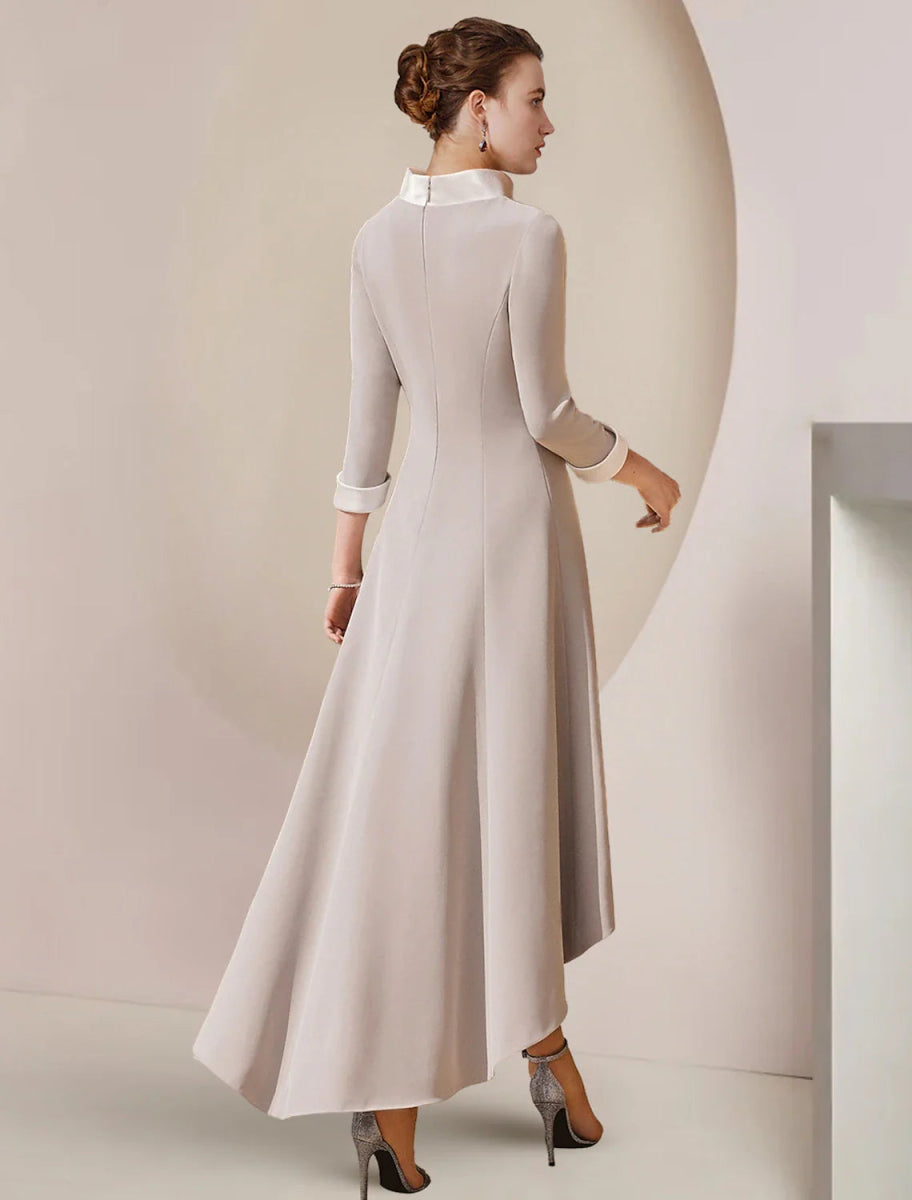 NumberSea - A - Line Mother of the Bride Dress Formal Wedding Guest Party Elegant High Neck Asymmetrical Tea Length Satin 3/4 Length Sleeve with Bow(s) Crystal Brooch