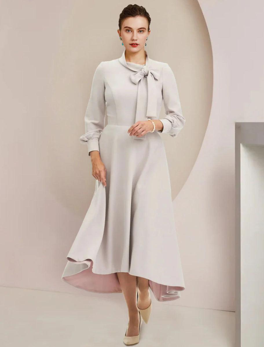 NumberSea - A - Line Mother of the Bride Dress Formal Wedding Guest Party Elegant High Neck Asymmetrical Tea Length Stretch Chiffon Long Sleeve with Bow(s)