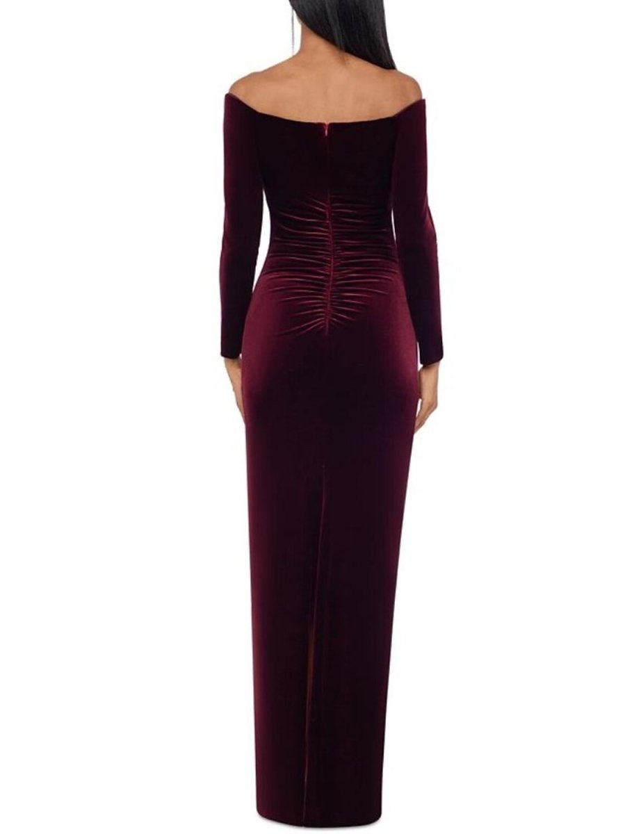 NumberSea - A - Line Mother of the Bride Dress Formal Wedding Guest Party Elegant Off Shoulder Floor Length Velvet Long Sleeve with Ruched