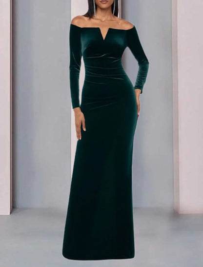 NumberSea - A - Line Mother of the Bride Dress Formal Wedding Guest Party Elegant Off Shoulder Floor Length Velvet Long Sleeve with Ruched