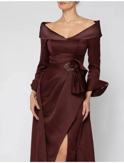 NumberSea - A - Line Mother of the Bride Dress Formal Wedding Guest Party Elegant Off Shoulder Sweep / Brush Train Satin Long Sleeve with Split Front Crystal Brooch Ruching