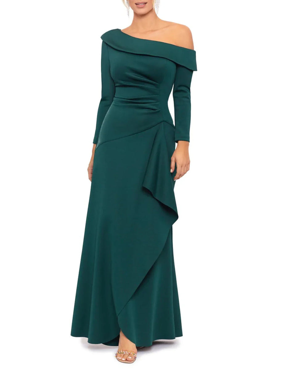 NumberSea - A - Line Mother of the Bride Dress Formal Wedding Guest Party Elegant One Shoulder Floor Length Satin Half Sleeve with Pleats Split Front