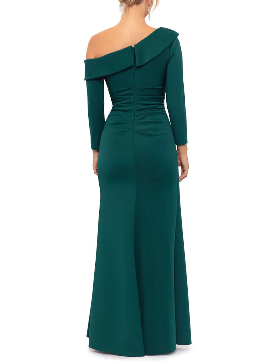 NumberSea - A - Line Mother of the Bride Dress Formal Wedding Guest Party Elegant One Shoulder Floor Length Satin Half Sleeve with Pleats Split Front