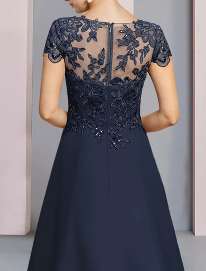 NumberSea - A - Line Mother of the Bride Dress Formal Wedding Guest Party Elegant Scoop Neck Sweep / Brush Train Satin Lace Short Sleeve with Sequin Appliques