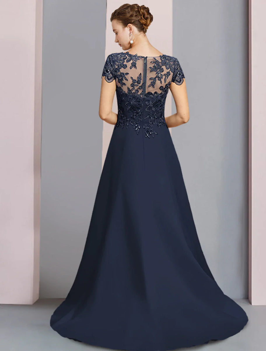 NumberSea - A - Line Mother of the Bride Dress Formal Wedding Guest Party Elegant Scoop Neck Sweep / Brush Train Satin Lace Short Sleeve with Sequin Appliques