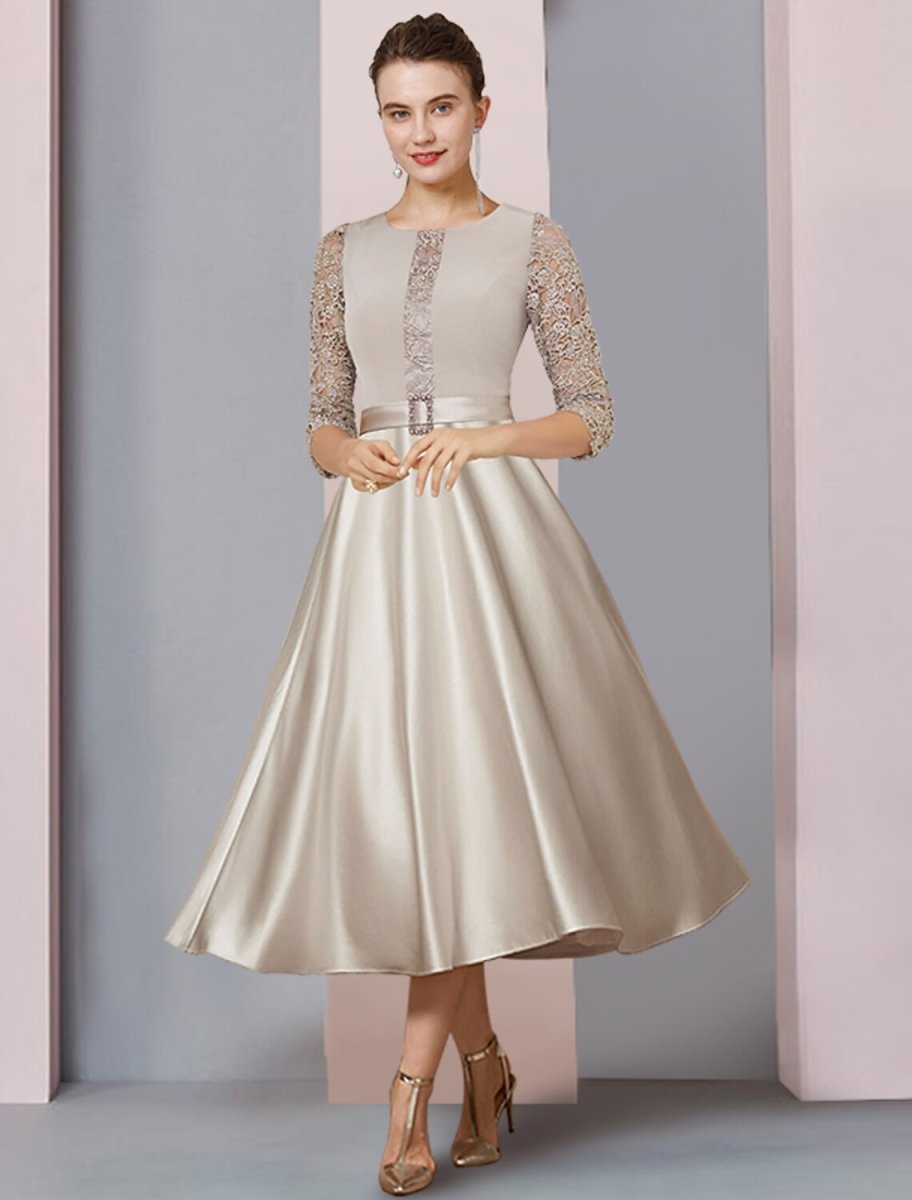 NumberSea - A - Line Mother of the Bride Dress Formal Wedding Guest Party Elegant Scoop Neck Tea Length Satin Lace Half Sleeve with Crystal Brooch