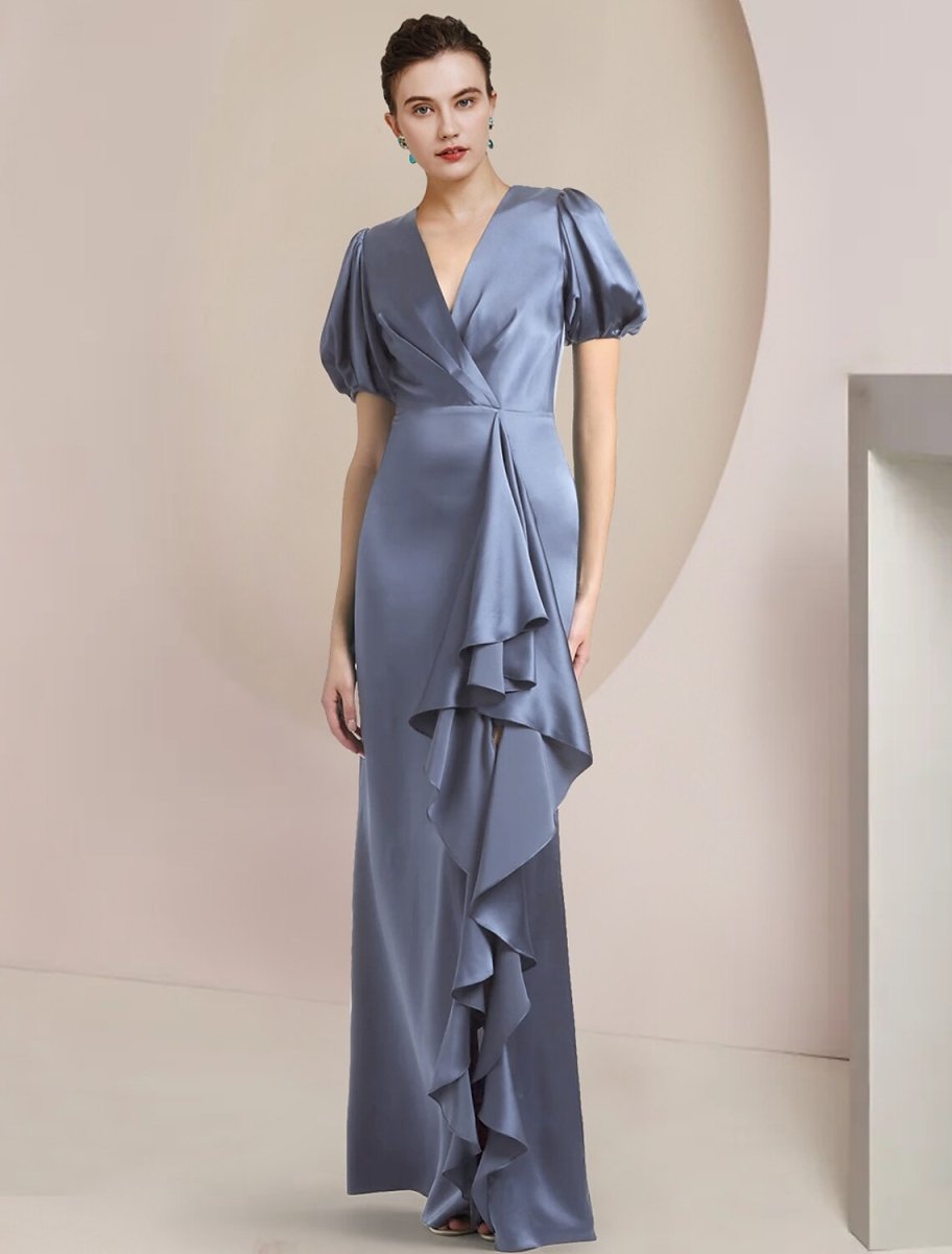 NumberSea - A - Line Mother of the Bride Dress Formal Wedding Guest Party Elegant V Neck Sweep / Brush Train Satin Short Sleeve with Cascading Ruffles