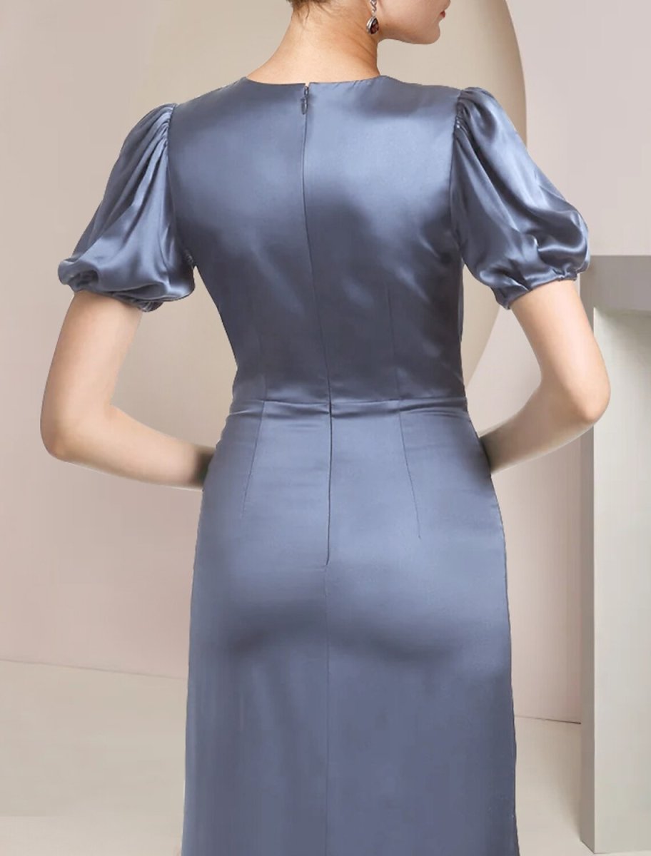 NumberSea - A - Line Mother of the Bride Dress Formal Wedding Guest Party Elegant V Neck Sweep / Brush Train Satin Short Sleeve with Cascading Ruffles