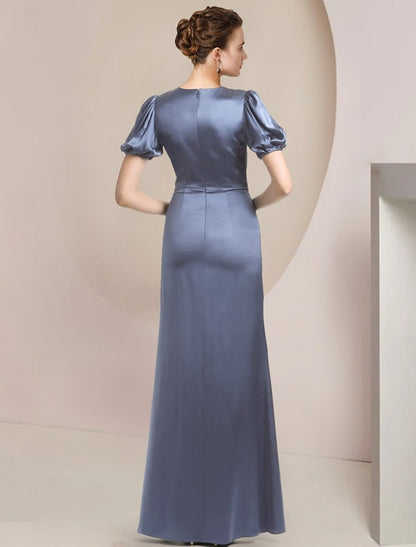 NumberSea - A - Line Mother of the Bride Dress Formal Wedding Guest Party Elegant V Neck Sweep / Brush Train Satin Short Sleeve with Cascading Ruffles