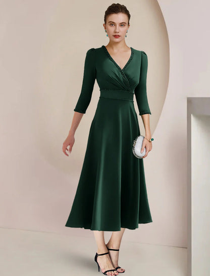 NumberSea - A - Line Mother of the Bride Dress Formal Wedding Guest Party Elegant V Neck Tea Length Stretch Fabric 3/4 Length Sleeve with Beading Side - Draped