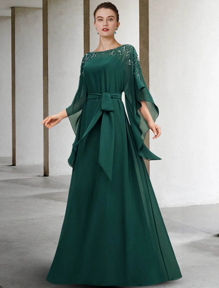 NumberSea - A - Line Mother of the Bride Dress Luxurious Elegant Jewel Neck Floor Length Chiffon Half Sleeve with Sash / Ribbon Beading