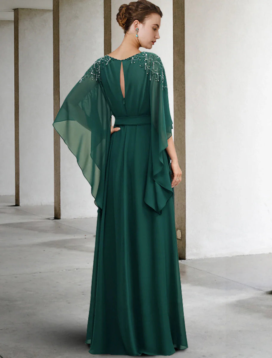 NumberSea - A - Line Mother of the Bride Dress Luxurious Elegant Jewel Neck Floor Length Chiffon Half Sleeve with Sash / Ribbon Beading