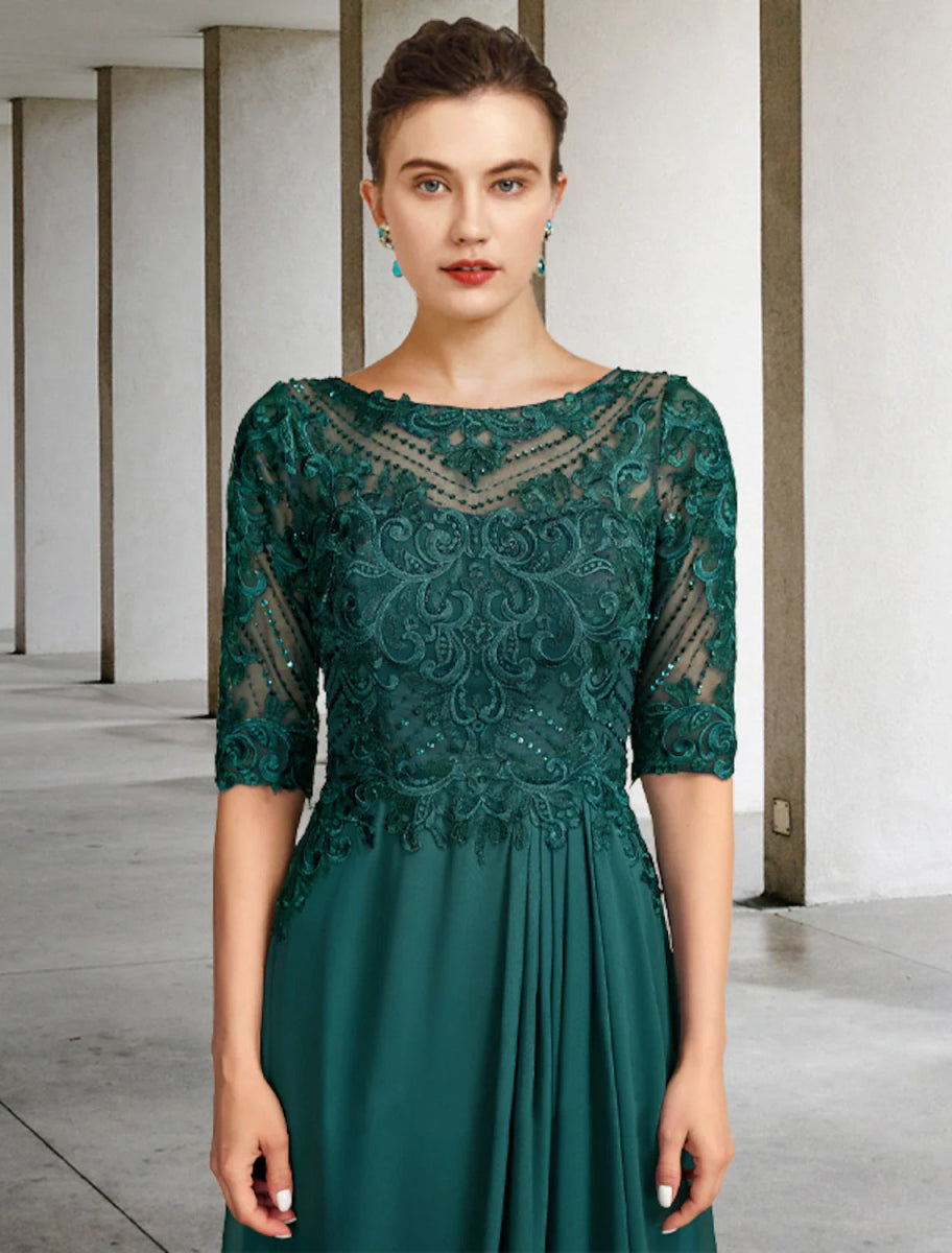 NumberSea - A - Line Mother of the Bride Dress Luxurious Elegant Jewel Neck Floor Length Chiffon Lace Half Sleeve with Pleats Beading Appliques