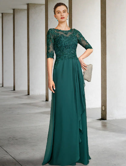 NumberSea - A - Line Mother of the Bride Dress Luxurious Elegant Jewel Neck Floor Length Chiffon Lace Half Sleeve with Pleats Beading Appliques