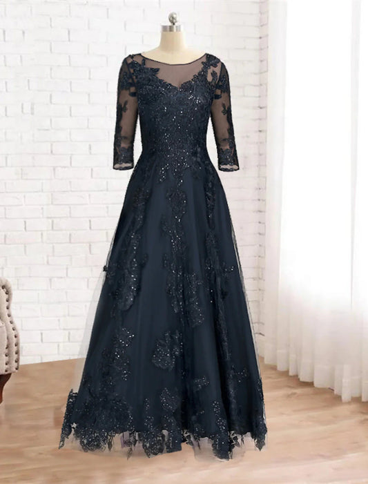 NumberSea - A - Line Mother of the Bride Dress Luxurious Elegant Jewel Neck Floor Length Lace Tulle Imitated Silk 3/4 Length Sleeve with Sequin Appliques