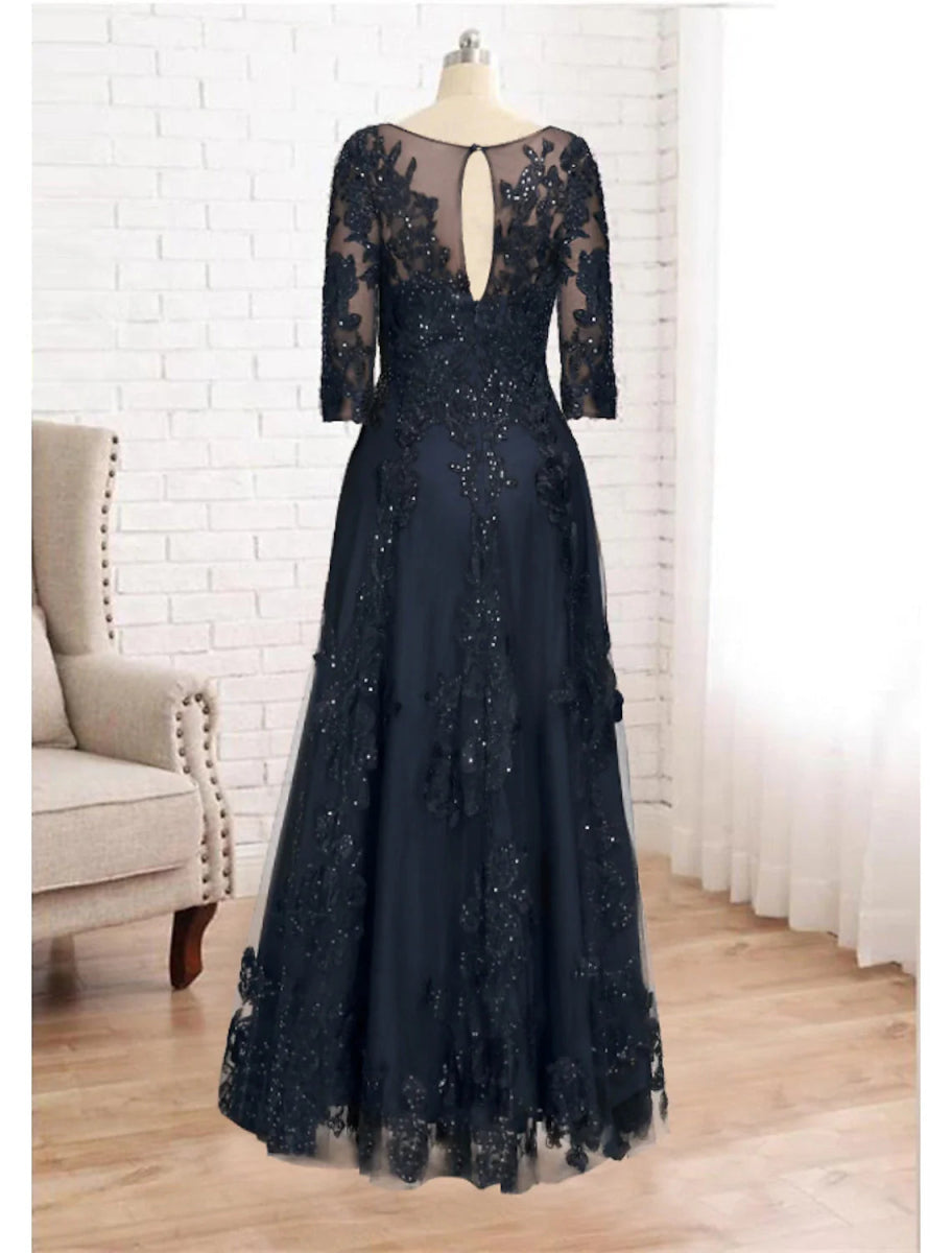 NumberSea - A - Line Mother of the Bride Dress Luxurious Elegant Jewel Neck Floor Length Lace Tulle Imitated Silk 3/4 Length Sleeve with Sequin Appliques