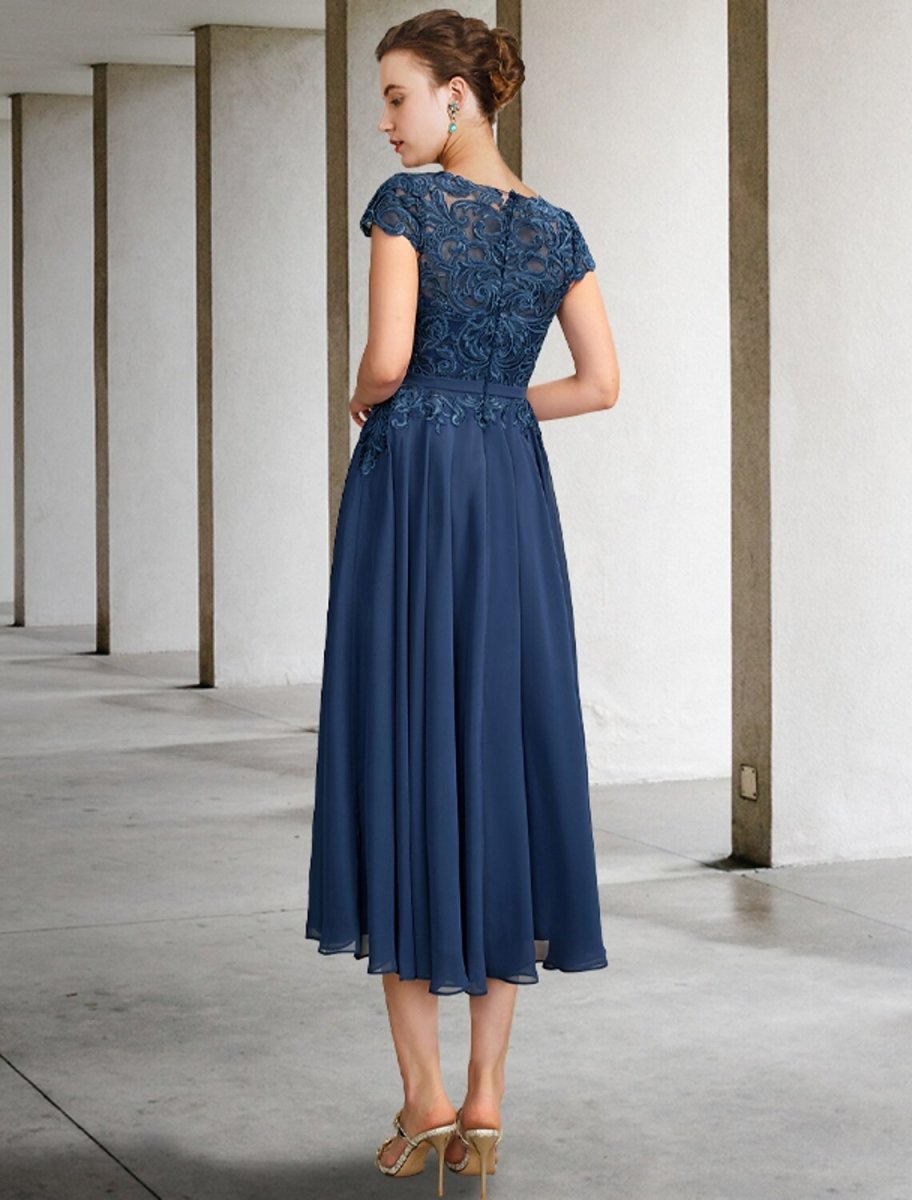 NumberSea - A - Line Mother of the Bride Dress Luxurious Elegant Jewel Neck Tea Length Chiffon Lace Cap Sleeve with Pleats Appliques A - Line Mother of the Bride Dress Luxurious Elegant Jewel Neck Tea Length Chiffon Lace Cap Sleeve with Pleats Appliques