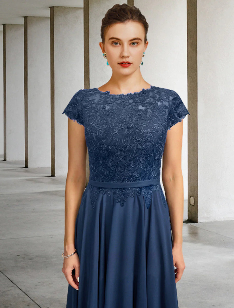 NumberSea - A - Line Mother of the Bride Dress Luxurious Elegant Jewel Neck Tea Length Chiffon Lace Cap Sleeve with Pleats Appliques A - Line Mother of the Bride Dress Luxurious Elegant Jewel Neck Tea Length Chiffon Lace Cap Sleeve with Pleats Appliques