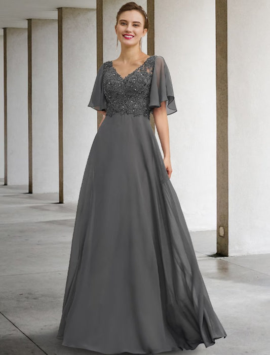 NumberSea - A - Line Mother of the Bride Dress Luxurious Elegant V Neck Floor Length Chiffon Lace Short Sleeve with Beading Appliques