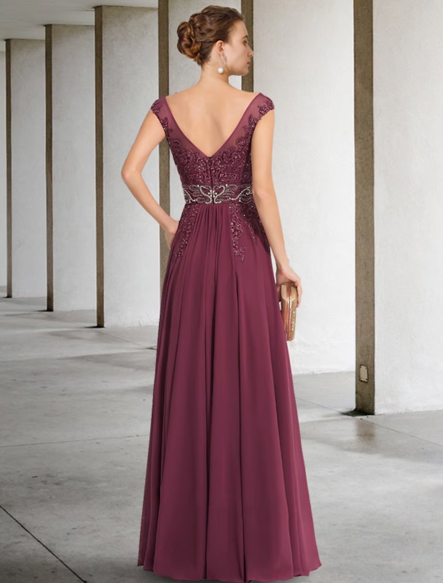 NumberSea - A - Line Mother of the Bride Dress Luxurious Elegant V Neck Floor Length Chiffon Lace Sleeveless with Sash / Ribbon Beading Split Front