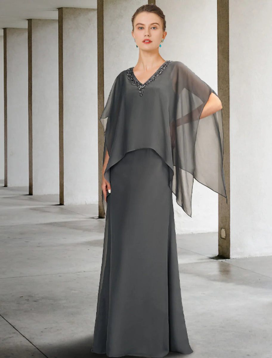 NumberSea - A - Line Mother of the Bride Dress Luxurious Elegant V Neck Floor Length Chiffon Sleeveless Shawls with Beading Ruffles