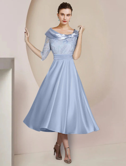 NumberSea - A - Line Mother of the Bride Dress Party Elegant Scoop Neck Tea Length Satin Lace Half Sleeve with Bow(s) Pleats