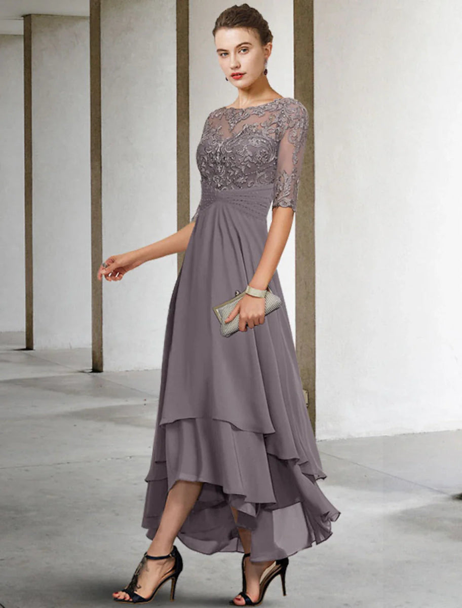 NumberSea - A - Line Mother of the Bride Dress Plus Size Elegant High Low Jewel Neck Asymmetrical Ankle Length Chiffon Lace Half Sleeve with Beading Ruffles Appliques