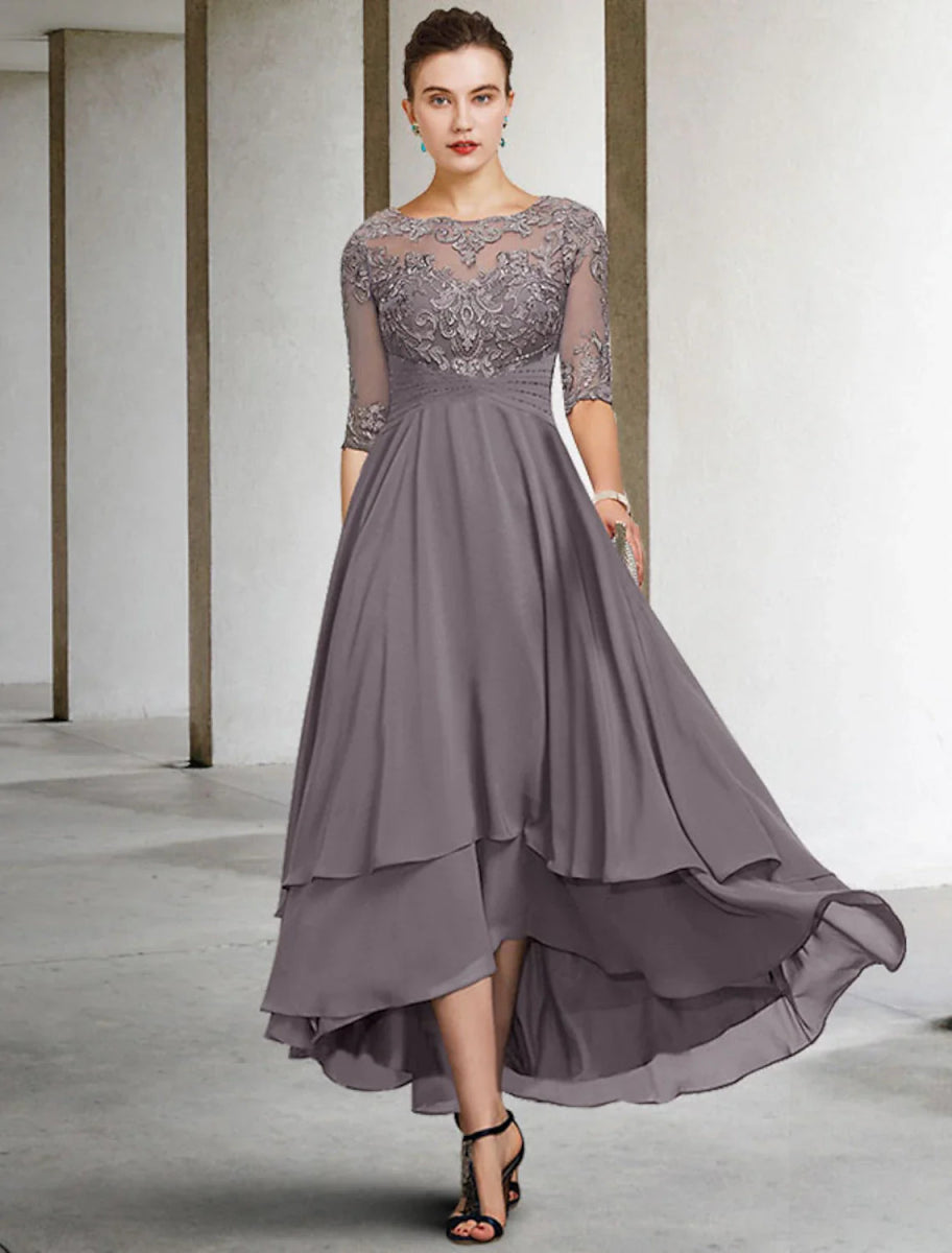 NumberSea - A - Line Mother of the Bride Dress Plus Size Elegant High Low Jewel Neck Asymmetrical Ankle Length Chiffon Lace Half Sleeve with Beading Ruffles Appliques