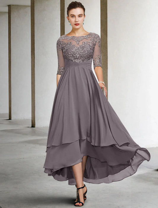 NumberSea - A - Line Mother of the Bride Dress Plus Size Elegant High Low Jewel Neck Asymmetrical Ankle Length Chiffon Lace Half Sleeve with Beading Ruffles Appliques