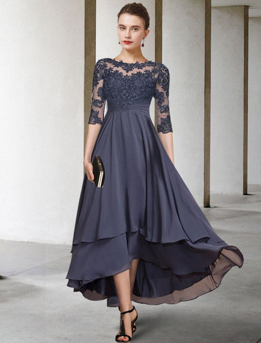 NumberSea - A - Line Mother of the Bride Dress Plus Size Elegant High Low Jewel Neck Asymmetrical Tea Length Chiffon Lace Short Sleeve with Ruched Beading Appliques