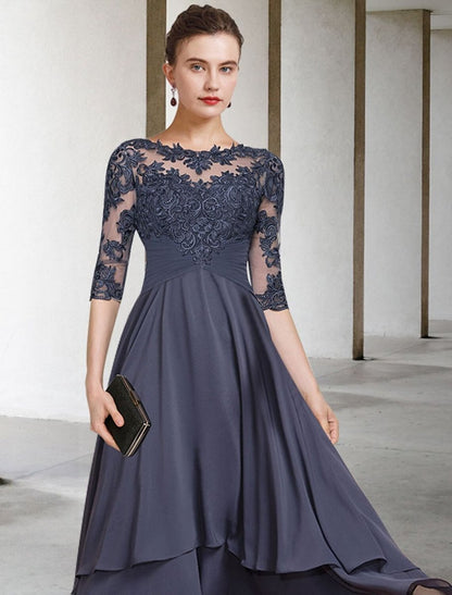 NumberSea - A - Line Mother of the Bride Dress Plus Size Elegant High Low Jewel Neck Asymmetrical Tea Length Chiffon Lace Short Sleeve with Ruched Beading Appliques