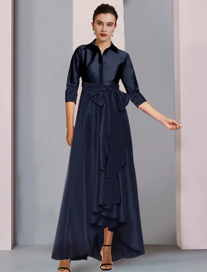 NumberSea - A - Line Mother of the Bride Dress Plus Size Elegant High Low Shirt Collar Asymmetrical Floor Length Satin 3/4 Length Sleeve with Sash / Ribbon Bow(s) Pleats