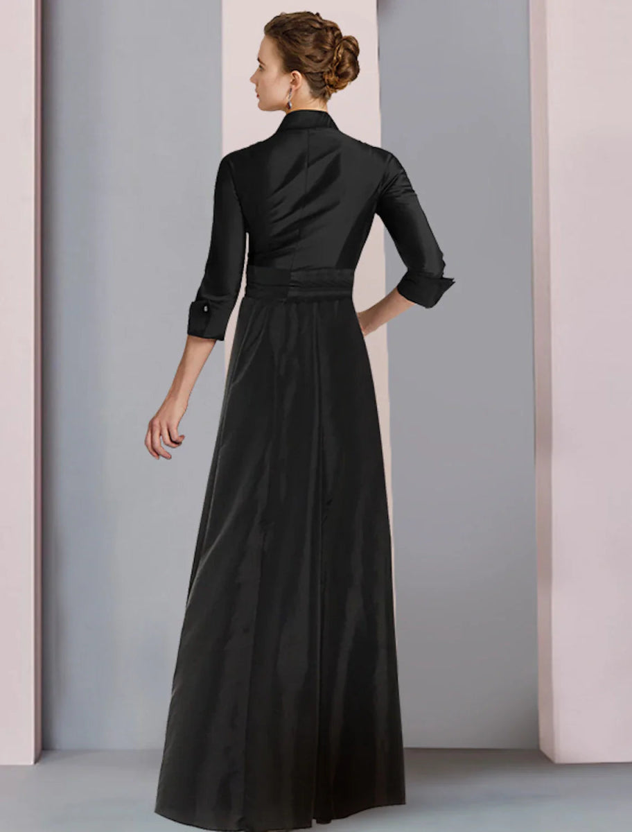 NumberSea - A - Line Mother of the Bride Dress Plus Size Elegant High Low Shirt Collar Asymmetrical Floor Length Satin 3/4 Length Sleeve with Sash / Ribbon Bow(s) Pleats