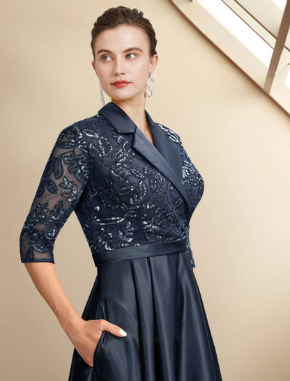 NumberSea - A - Line Mother of the Bride Dress Plus Size Elegant High Low Shirt Collar Asymmetrical Tea Length Satin Lace Half Sleeve with Pleats Sequin Appliques